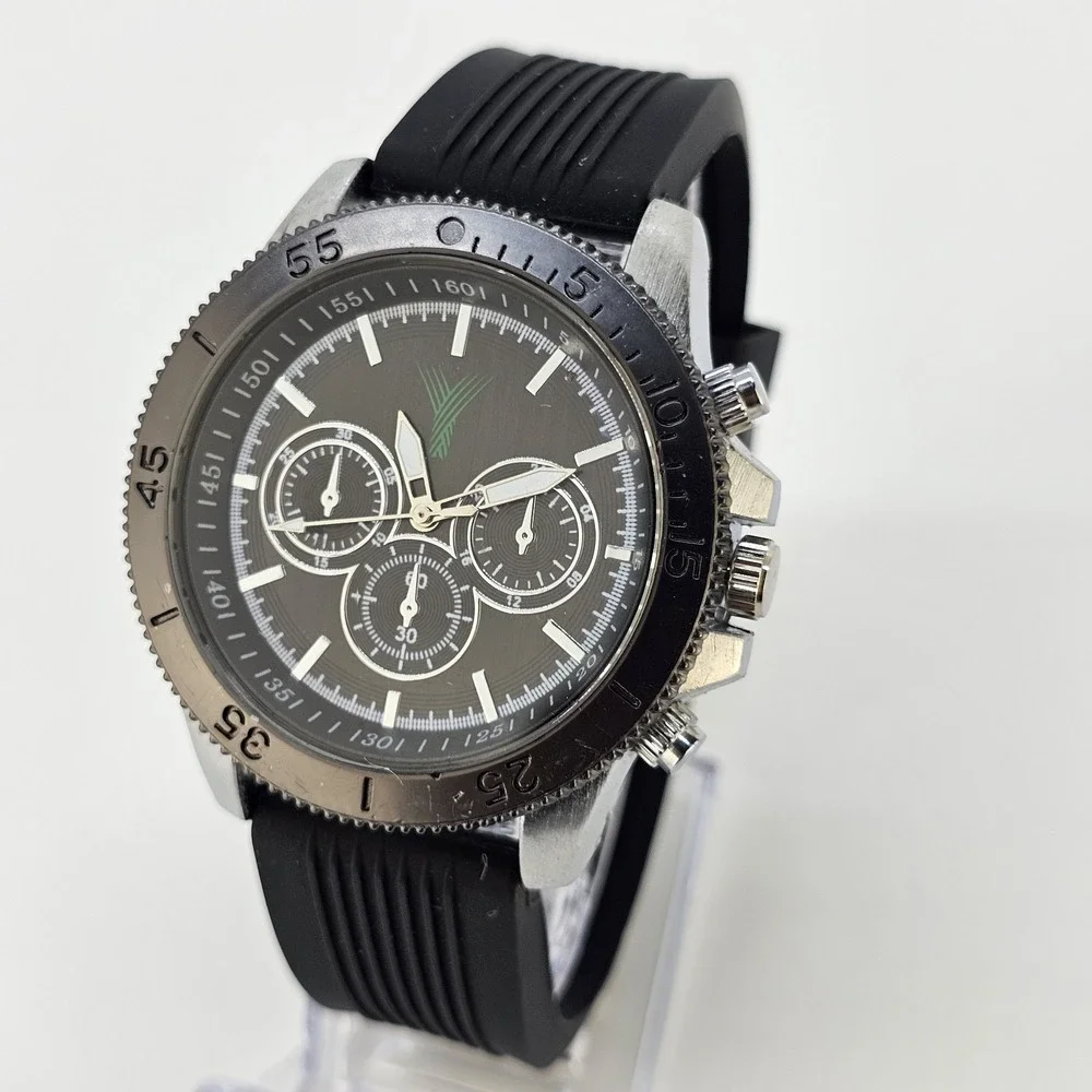 Men's Analog Watch 46MM Black Dial Black Plastic Bands New Battery
